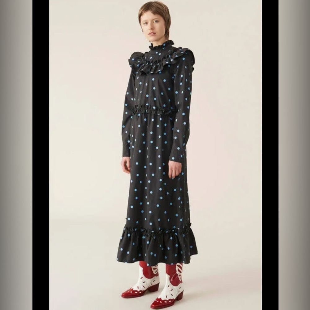 GANNI Printed Cotton Poplin Maxi Dress Phantom Size 38 (6)